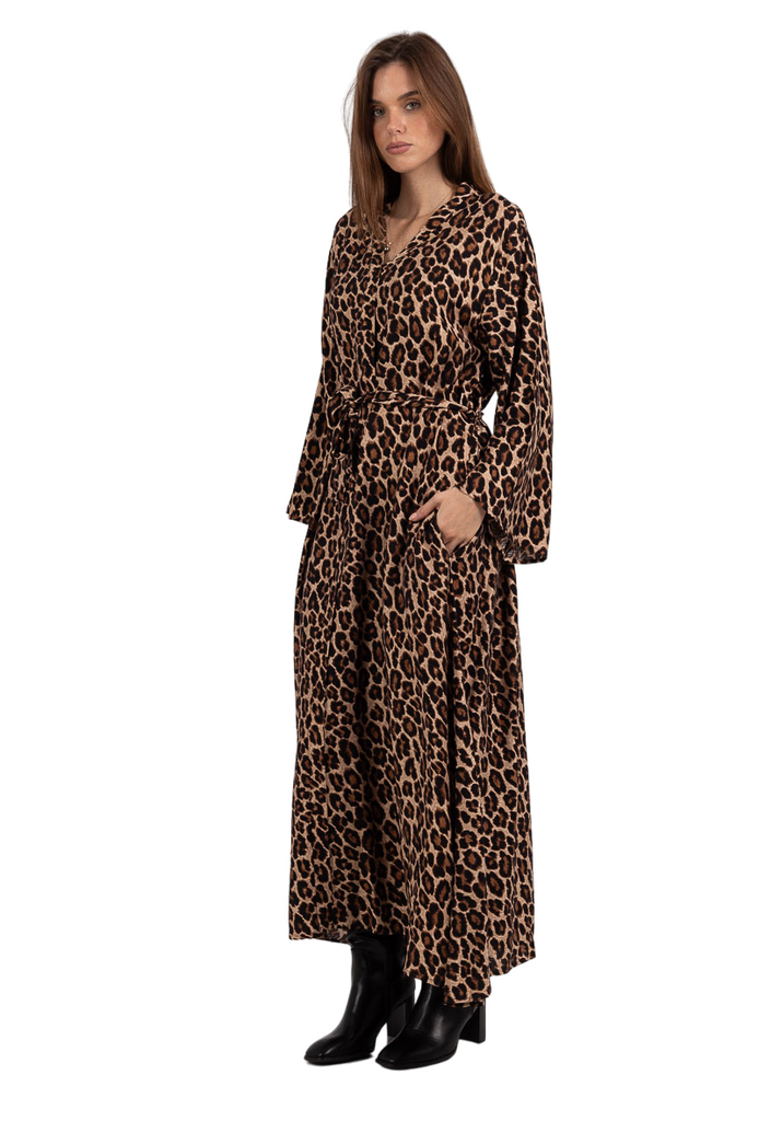 Long Sleeve Leopard Print Maxi Dress With Linen-Like Fabric Womens Dress Long image 1