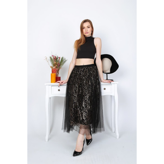 Women' s Elegant Long Tulle Skirt Gold Triple Layer Design Maxi Skirt image 0