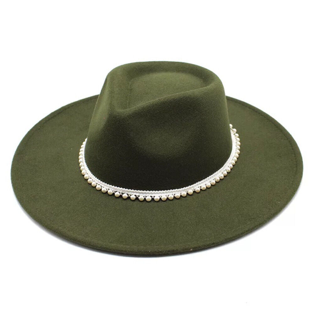 Womens Felt Fedora Hat Wide Brim Pearl Lady Wedding Dress Cap Party Jazz Hat image 3