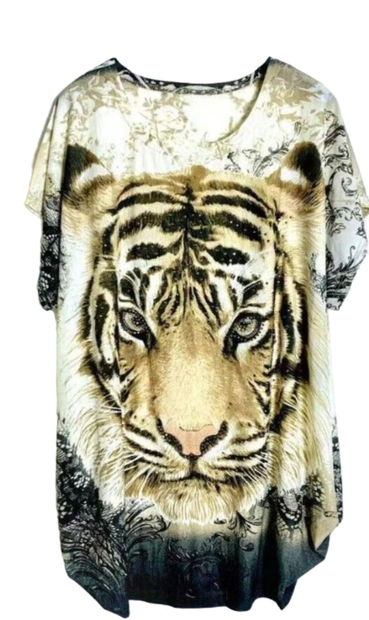 Ladies Cap Sleeve Tiger T Shirt Summer Top Animal Print Shirt Diamante Plus Size image 0