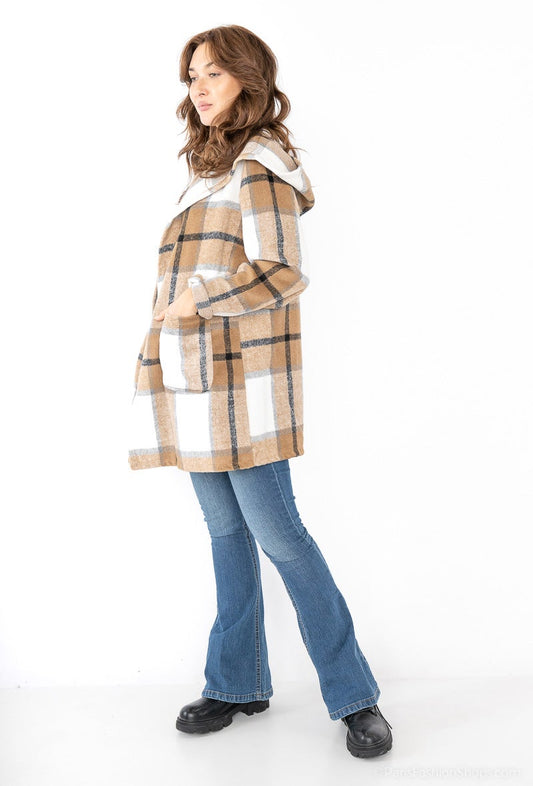 Women's Vintage Age Plaid Jacket Wool Blend Hooded Streetwear Hoodies image 1