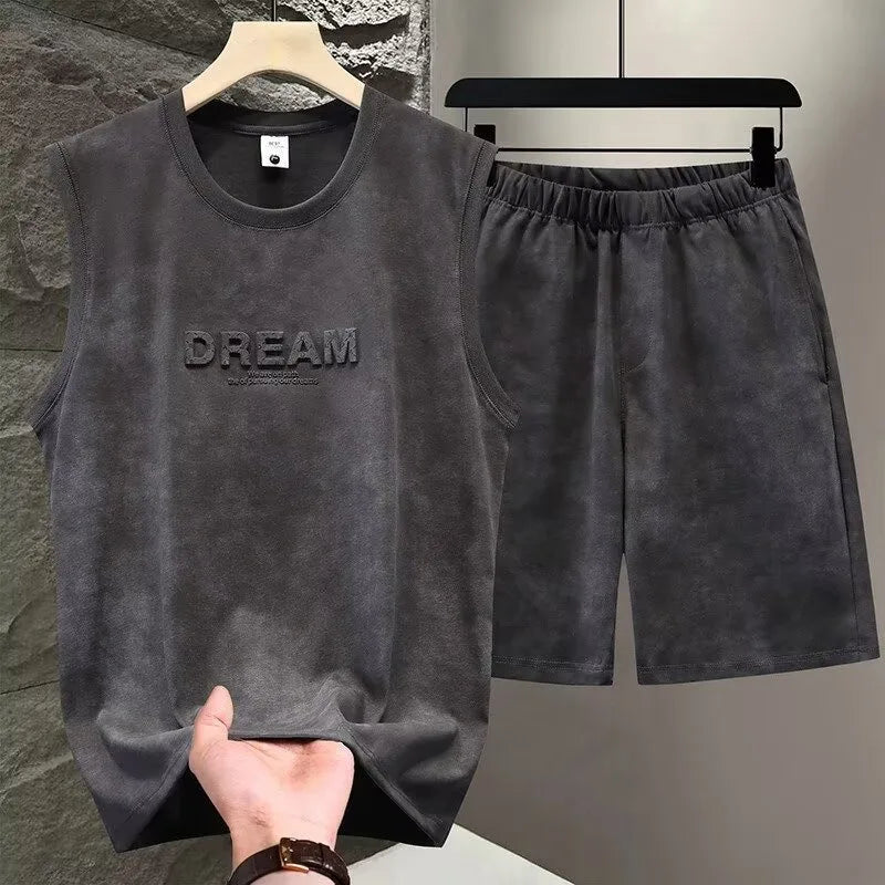 Summer 2pcs Tie Dye Vest Sets Men Two Piece Sleeveless Thin Foaming Print T-Shirts + Shorts Sets Korean Streetwear Tracksuit Man