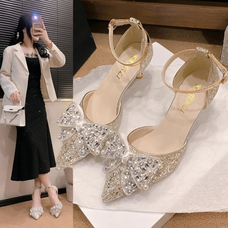 Womens Glitter Rhinestone Bow Ankle Strap Pumps Thin High Heels Wedding Bridal Sandals Party Crystal Sparkly Evening Dress Shoes