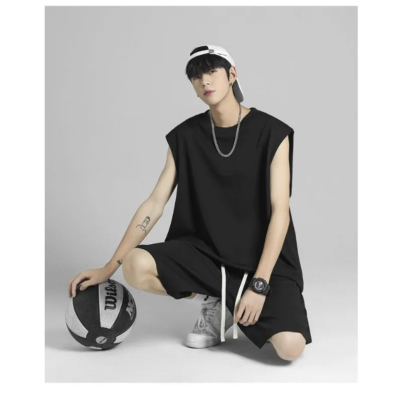 Street Hip Hop Men Ice Silk Quick Dry Sleeveless Vest Shorts Two Piece Set Casual Sports Basketball Daily Outdoor Wear