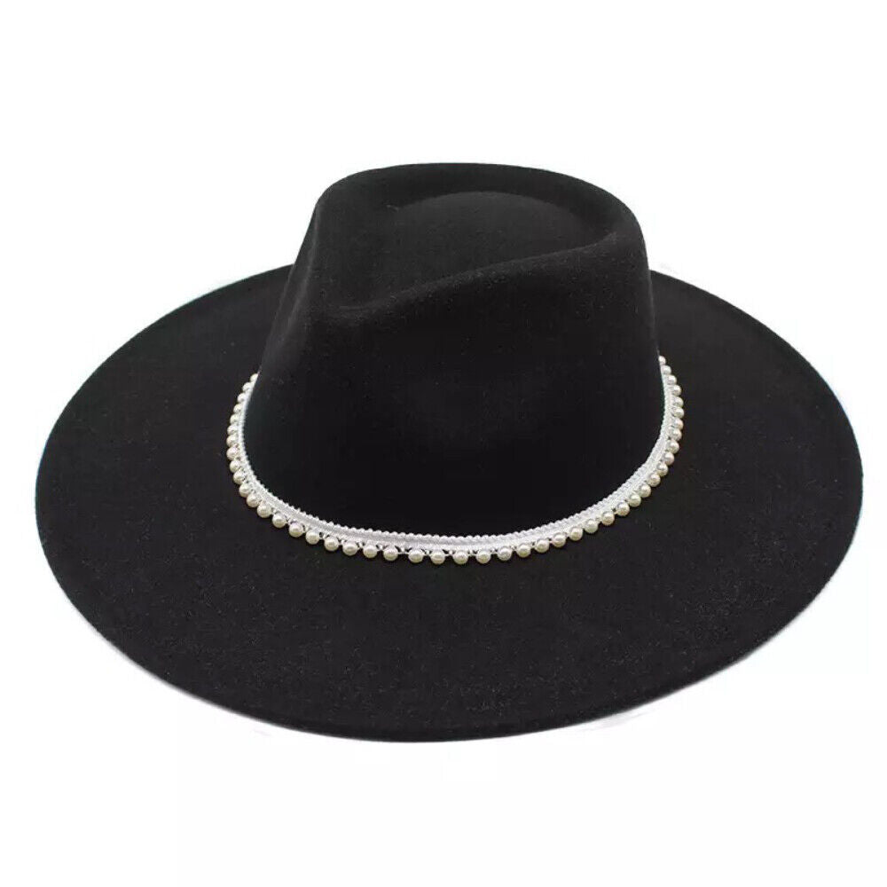 Womens Felt Fedora Hat Wide Brim Pearl Lady Wedding Dress Cap Party Jazz Hat image 1