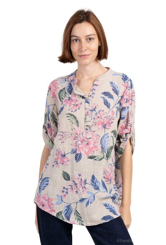 Ladies Floral Print Shirt Summer Casual Holiday Shirt Top Ladies Linen Shirt Tee image 0