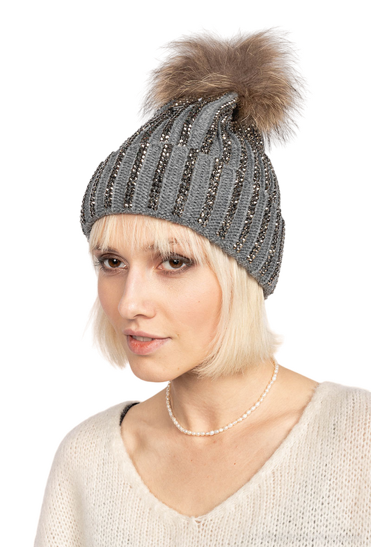 Women's Winter Hat With Silver Stones Pompom Style Warm Outdoor Party Hats image 1