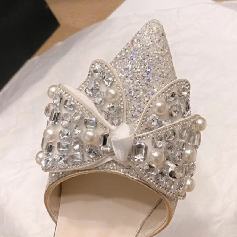 Womens Glitter Rhinestone Bow Ankle Strap Pumps Thin High Heels Wedding Bridal Sandals Party Crystal Sparkly Evening Dress Shoes