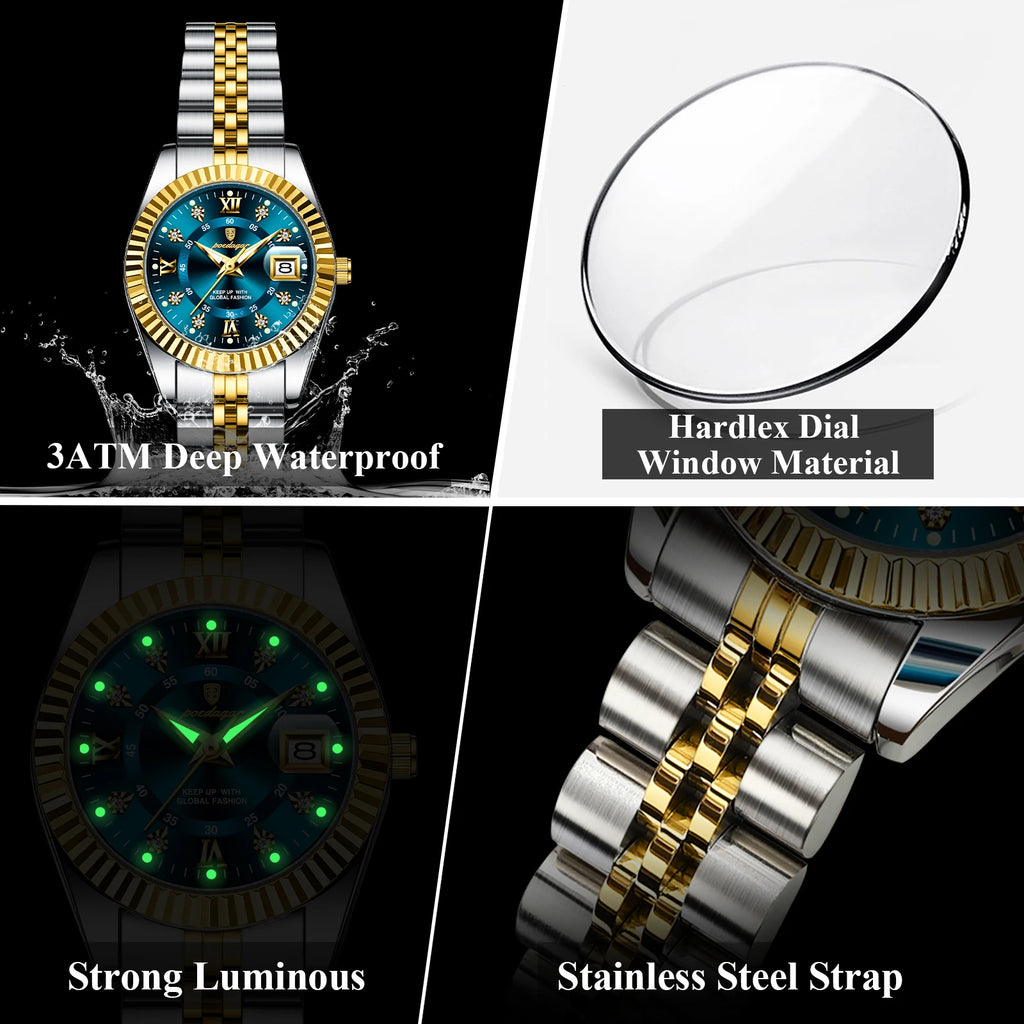 POEDAGAR Top Luxury Women's Watch Waterproof Stainless Steel Luminous Date Elegant Ladies Clock Quartz Fashion Watches For Women