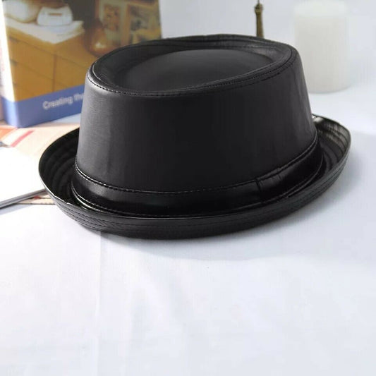 Unisex Mens Women Black Classic Faux Leather Trilby Hat Fedora Vintage Style Cap image 0