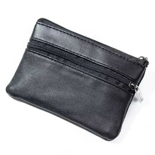 Unisex Black Small Coin Pouch Purse Key Holder Leather Zip Wallet Card Holder image 1