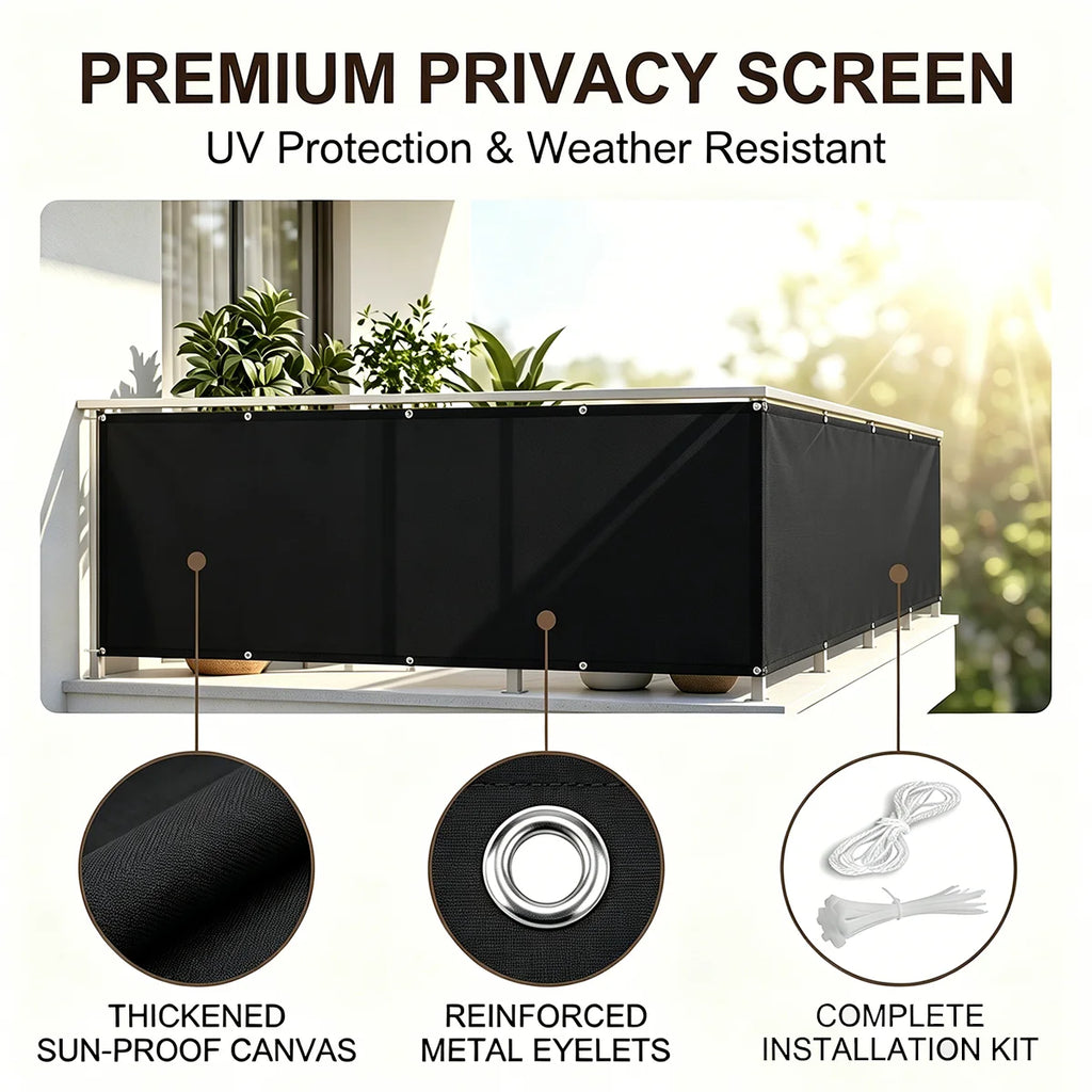 Opaque Privacy Fence, Waterproof Balcony Privacy Screen Protector - For Apartment Railings, Outdoor Patios, UV Protection (Black