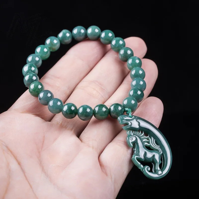 Natural Jadeite Blue Water Zodiac Horse Beads Hand Knitting Bracelet Luxury Jewelry Fashion Jewelry Charms Gift Certificate