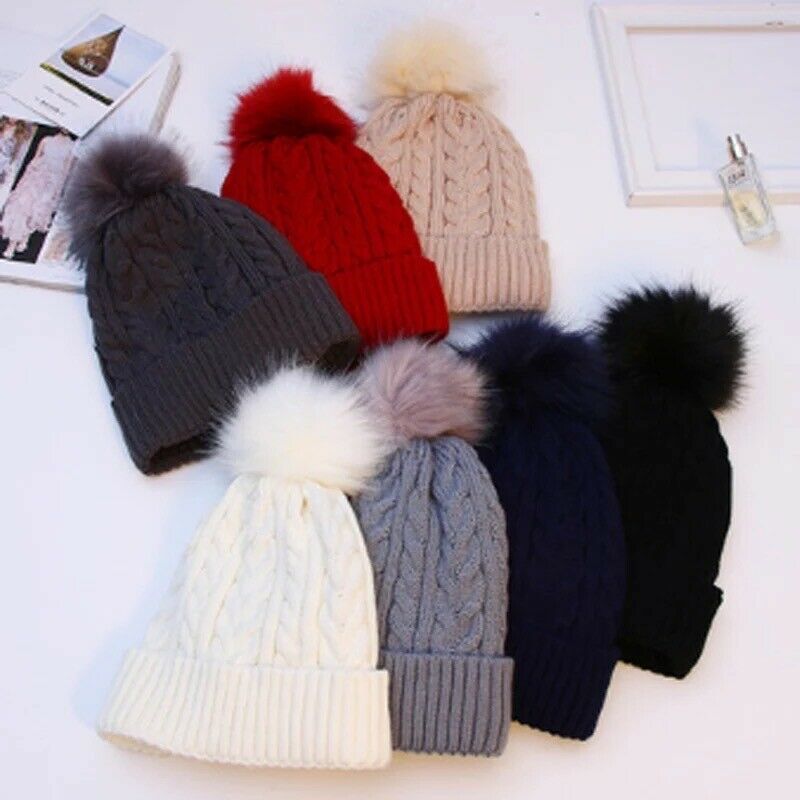 Ladies Hat Warm Thick Bobble Knitted Fleece Lined Fur Beanie Cap Winter Ski Hat image 0