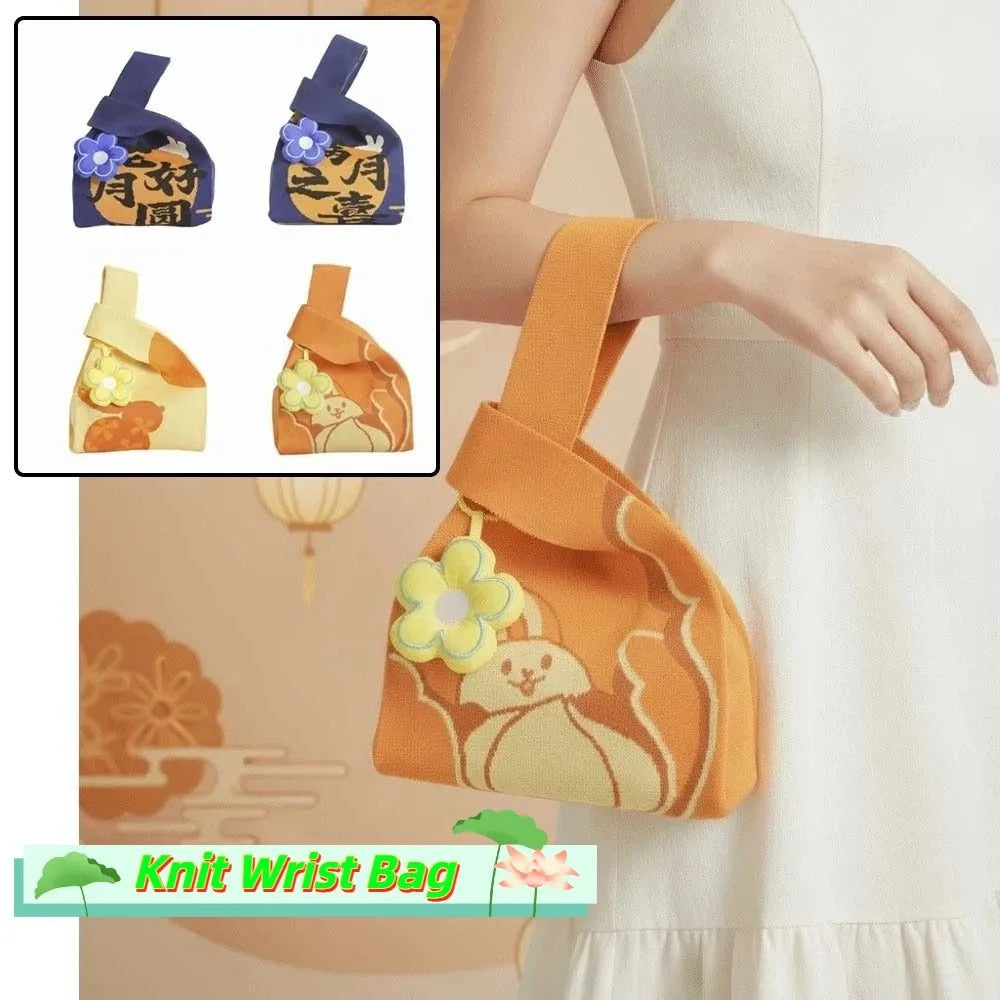 Knit Fabric Knit Wrist Bag Double Sided Thick Woven Rabbit Gift Pouch Flower Pendant Cute Cartoon Flower Charm Handbag