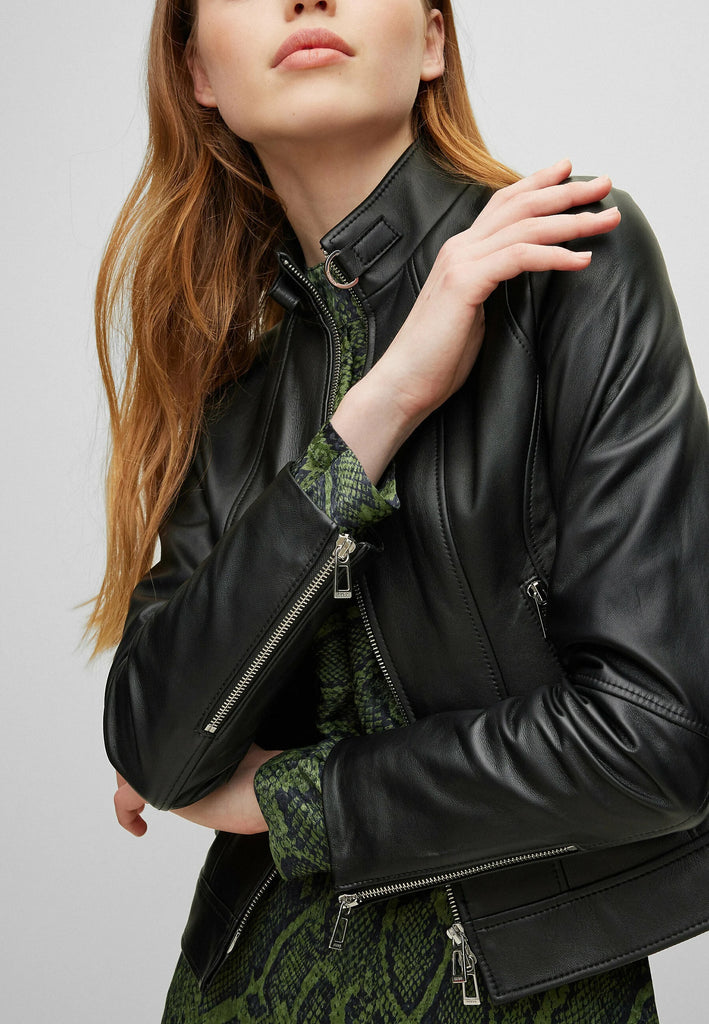 Ladies Real Leather Fitted Biker Jacket Casual Coat Black Winter Zipped Jacket image 4