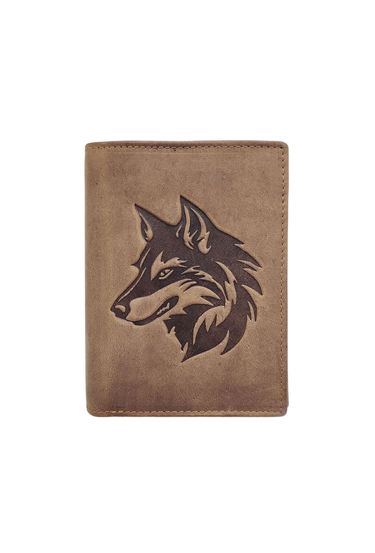 Men's Genuine Leather RFID Blocking Wallet Wolf Design Bifold ID Card Holder image 0