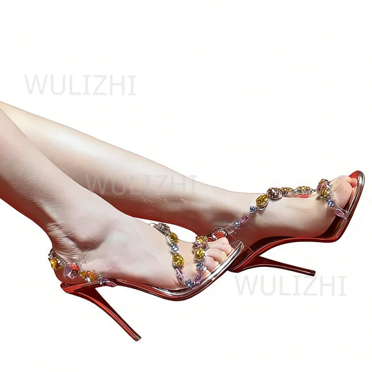 Women's Sandals Colorful Gemstone Crystal Sandals Women Sexy Open Heel Buckle Diamond Luxury Evening Shoes Sandalias De Mujer