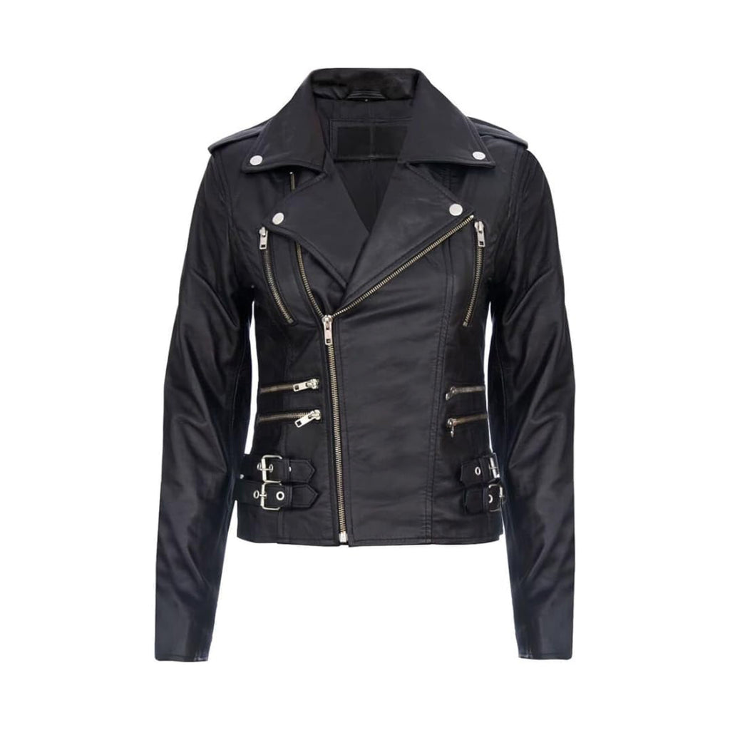 Women's Black Retro 100% Nappa Real Leather Biker Jacket Soft Multi Zip Coat image 0