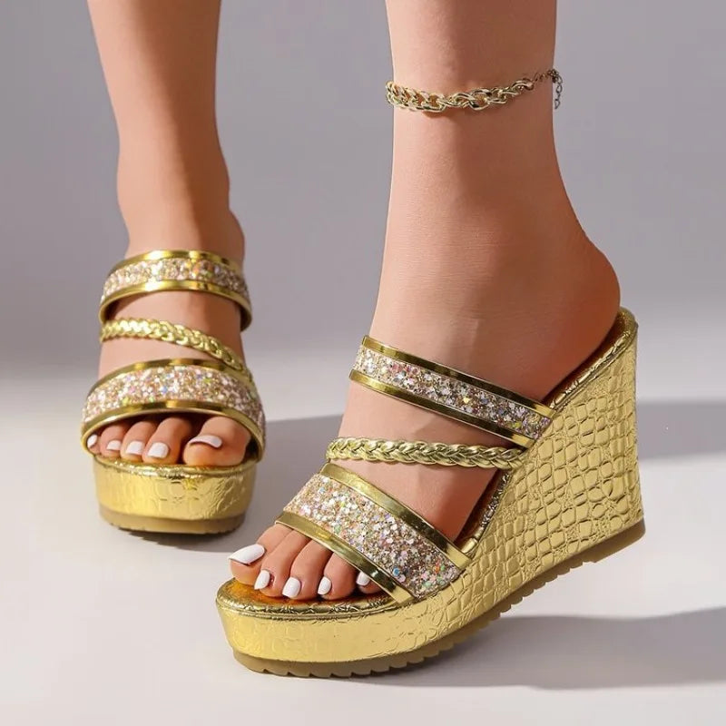36-42 Plus Size Shoes for Women Summer Round Toe Platform Wedge Slip on Sequin Fashion Slippers Party Evening Dress Sandals