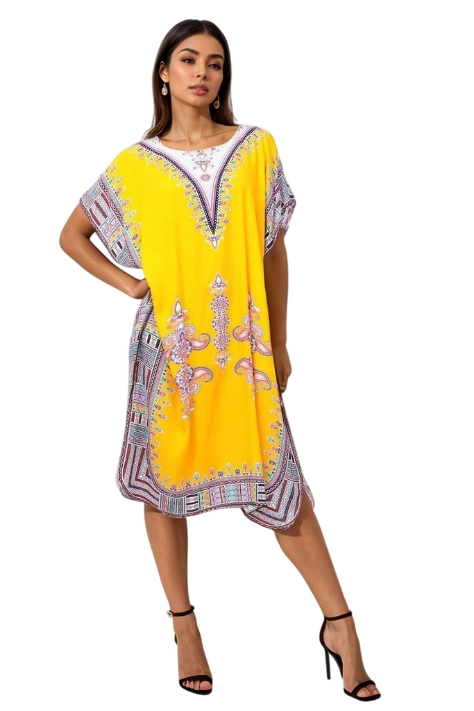 Womens Dress Cotton Kaftan Dress Summer Mid African Beach Tshirt Printed Top image 7