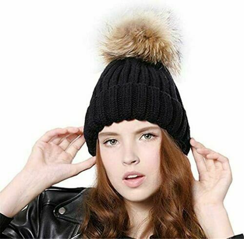 Ladies Girls Warm Winter Crochet Hat Wool Knitted Beanie with Large Fur Pom Pom image 0