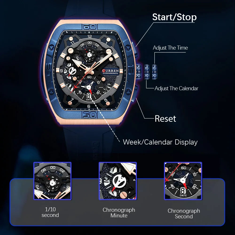 CURREN Brand Fashion Male Wristwatch Luminous Unique Square Design Luxury Quartz Sports Tape Watches Men Waterproof with Date