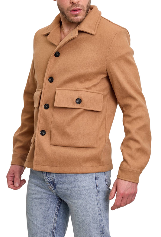 Mens Overshirt Long Sleeve Snap Button Up Jacket Pocket Casual Plain Fleece Top image 0