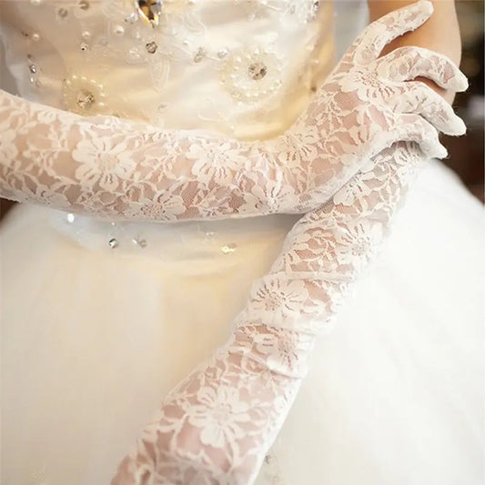 Womens Wedding Gloves White Elbow Length Full Finger Lace Gloves Bridal Gloves image 1