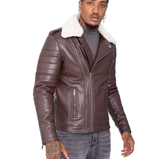 Men’s Leather Biker Jacket Sherpa Collar Brown Moto Style Winter Coat image 1