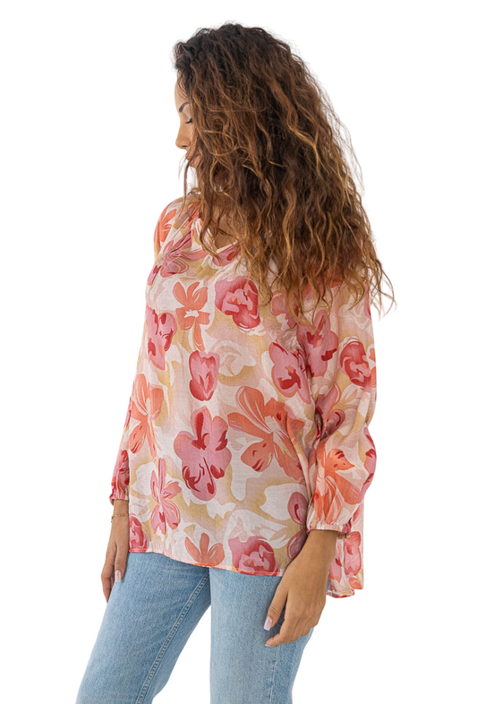 Ladies Summer Top Lightweight Linen Material Tunic Floral Top image 1