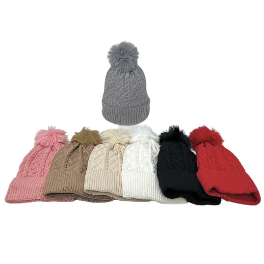 LADIES WOMENS WINTER KNITTED BEANIE SKI HAT THERMAL FAUX FUR BOBBLE POM POM image 1