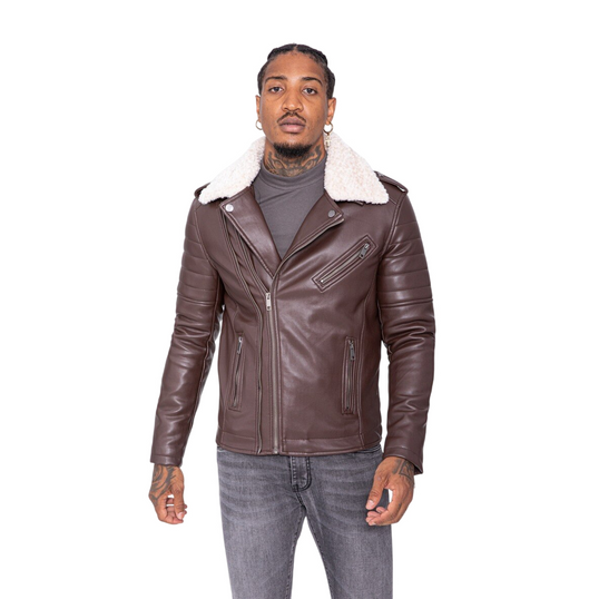Men’s Leather Biker Jacket Sherpa Collar Brown Moto Style Winter Coat image 0