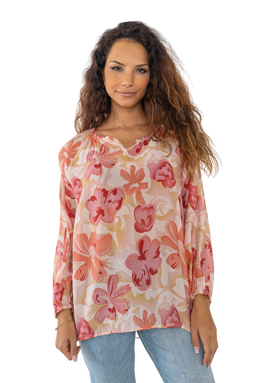 Ladies Summer Top Lightweight Linen Material Tunic Floral Top image 0