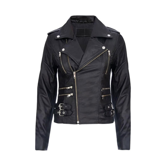 Women's Black Retro 100% Nappa Real Leather Biker Jacket Soft Multi Zip Coat image 0
