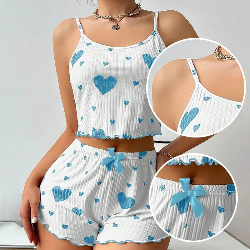 Women's Pajamas Set Sleepwear 2 PCS Short Tank Tops And Shorts S M L Ventilate Soft Casual Love Printing