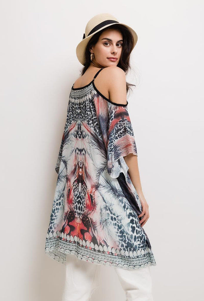 Ladies Printed Beach Top Tunic Batwing Cold Shoulder Top Beach Tunic image 0