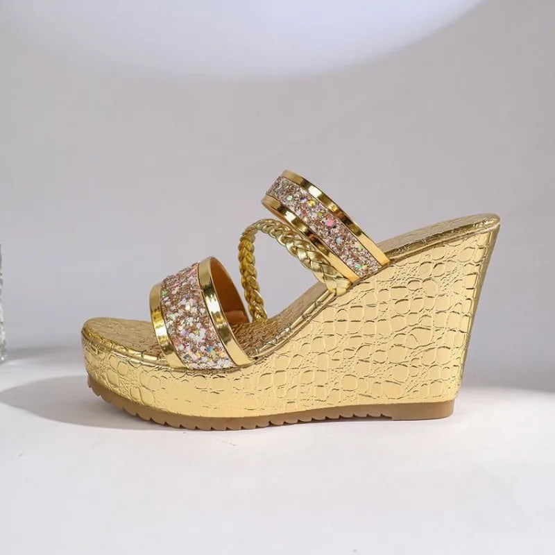 36-42 Plus Size Shoes for Women Summer Round Toe Platform Wedge Slip on Sequin Fashion Slippers Party Evening Dress Sandals