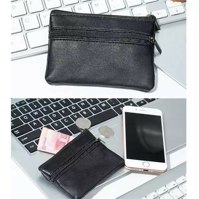 Unisex Black Small Coin Pouch Purse Key Holder Leather Zip Wallet Card Holder image 3