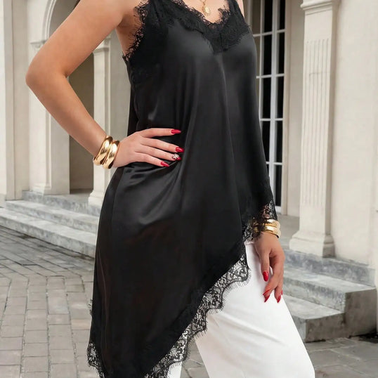 Women's Casual Party Wedding Satin Lace Flowy Dress Sleeveless V Neck Asymmetrical Trim Elegant Evening Dress