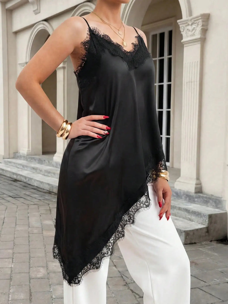 Women's Casual Party Wedding Satin Lace Flowy Dress Sleeveless V Neck Asymmetrical Trim Elegant Evening Dress