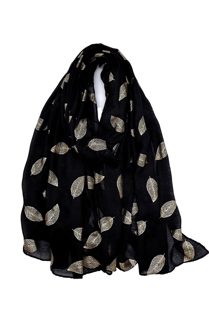 Women’s Scarf Shiny Golden Printed Scarf With Leaf Pattern Soft Neck Scarf Shawl image 1