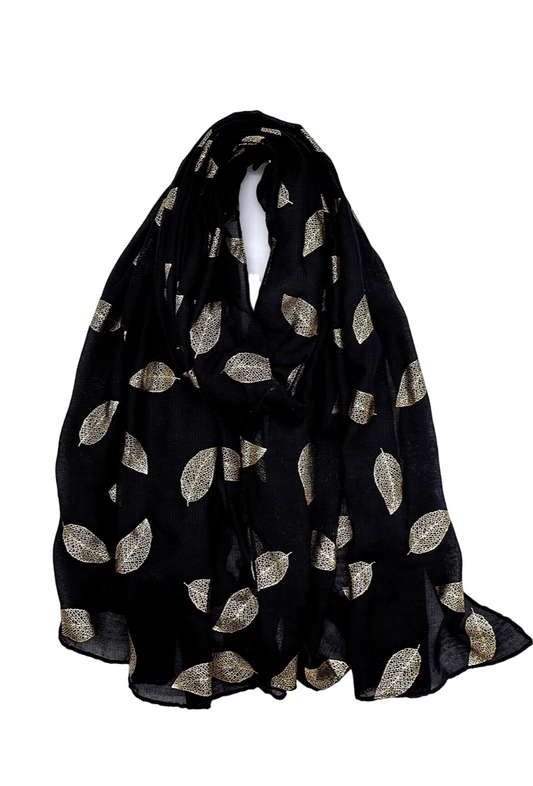 Women’s Scarf Shiny Golden Printed Scarf With Leaf Pattern Soft Neck Scarf Shawl image 1