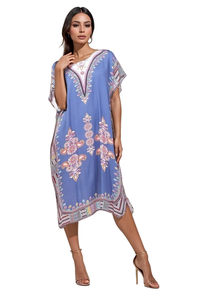 Womens Dress Cotton Kaftan Dress Summer Mid African Beach Tshirt Printed Top image 5