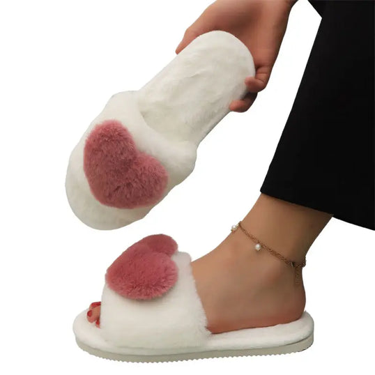 crriflz Women's Plush Heart Slippers Warm Indoor Cotton House Shoes