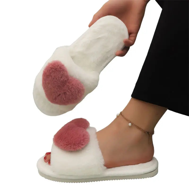 crriflz Women's Plush Heart Slippers Warm Indoor Cotton House Shoes