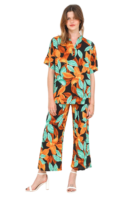 Womens Short Sleeved Shirt Wide Leg Pants Loose Comfy Loungewear Outfit Set image 0