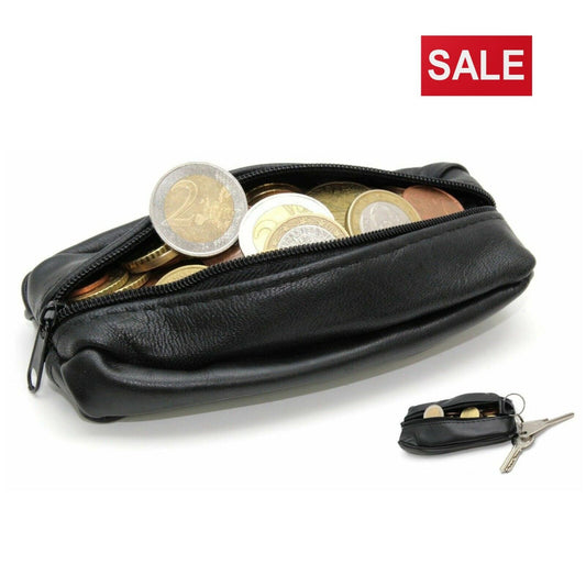 Unisex Soft Black Real Leather Pouch Coins Keys Money Holder Purse Zip Wallet image 0