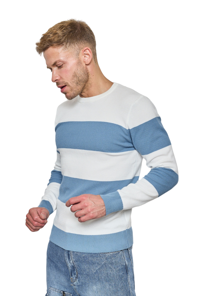 Mens Comfort Jumper Two Tone Striped Sweater V-Neck Pullover Winter Sweater image 5