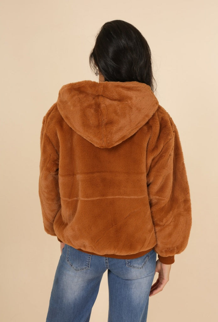 Ladies Faux Fur Zipped Coat Drawstring Hood Soft Warm Winter Brown Jacket image 1